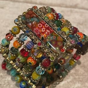Sweet Romance Red and Blue Mosaic Cuff Bracelet Millefiore